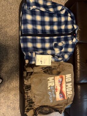 Blue and White Plaid Men’s Button-Up Shirt (BOTH FIT CLOSE TO A OVERSIZE MEDIUM)
